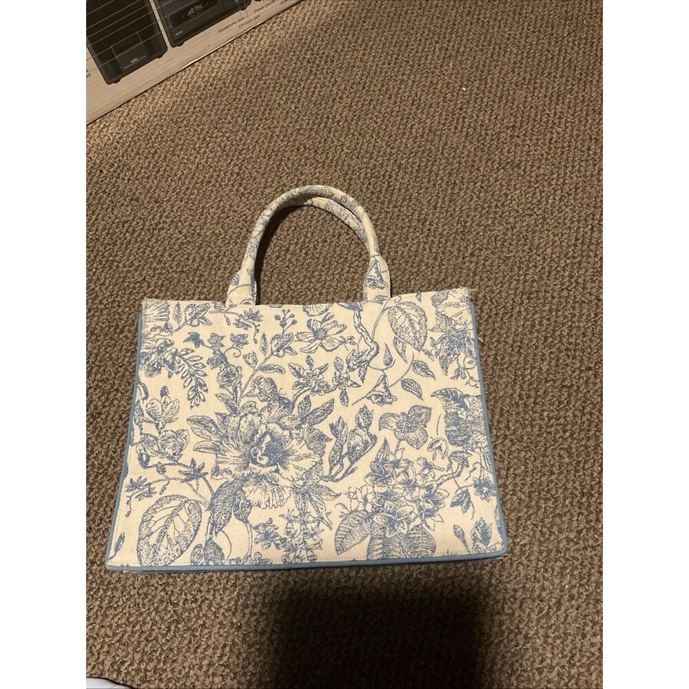 Antik Kraft Blue Toile Floral Canvas Tote Bag French Country Style Handbag Women